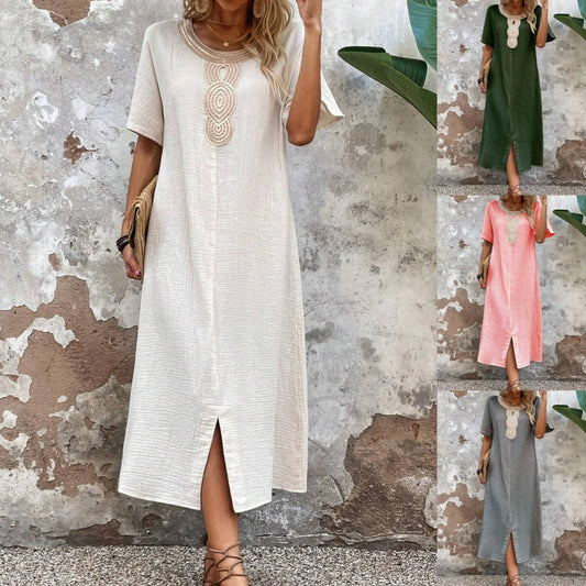 Damska sukienka z bawełny i lnu z okrągłym dekoltem i długą spódnicą